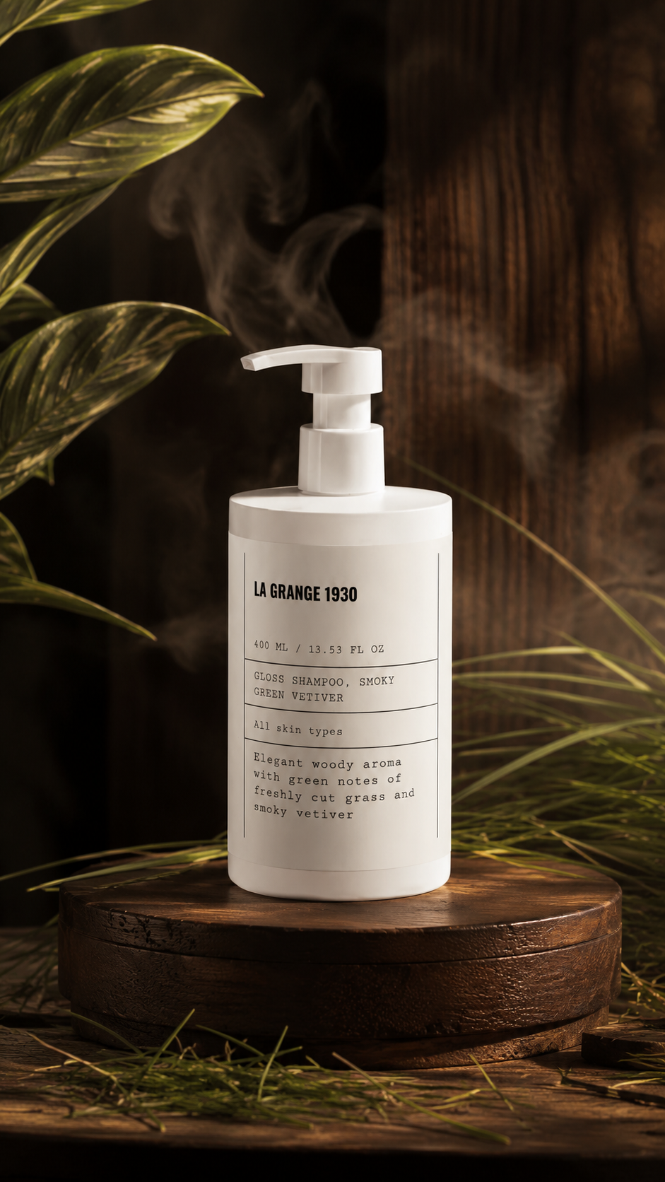 Shampooing éclat au vétiver fumé.